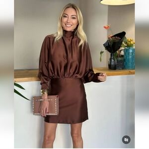 Zara Satin Effect Scarf Dress Brown NWT
